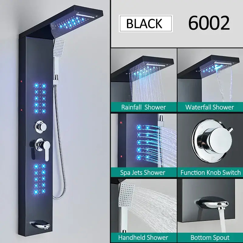 Modern matte black led shower panel with handheld sprayer featuring multiple spray settings and led lighting