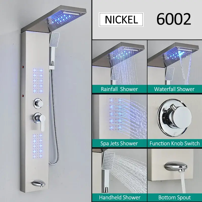 Nickel-finished 6002 model led shower panel with integrated led lighting and multiple spray modes for bathroom use