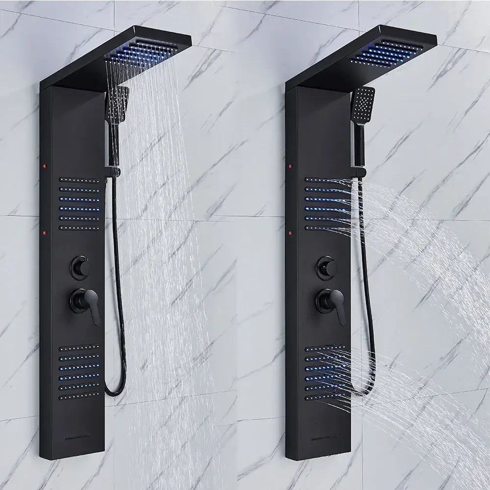 Modern matte black led shower panel with rainfall shower system handheld sprayer and integrated led shower lighting