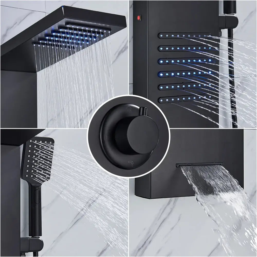 Modern matte black led shower panel with stainless steel construction featuring multiple spray heads and handheld sprayer