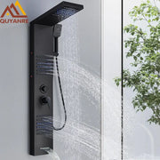 Modern matte black led shower panel with stainless steel quyanre rain shower system and handheld sprayer with multiple settings