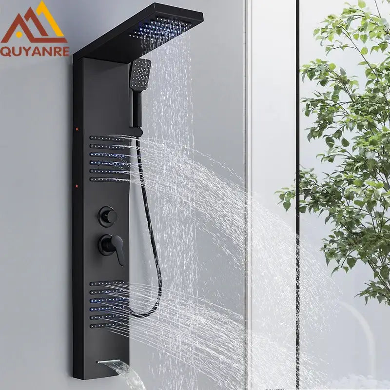 Modern matte black led shower panel with stainless steel quyanre rain shower system and handheld sprayer with multiple settings
