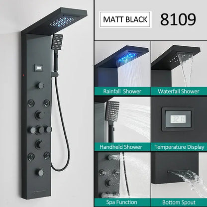 Modern matte black led shower panel with handheld sprayer featuring rainfall shower system and digital temperature display
