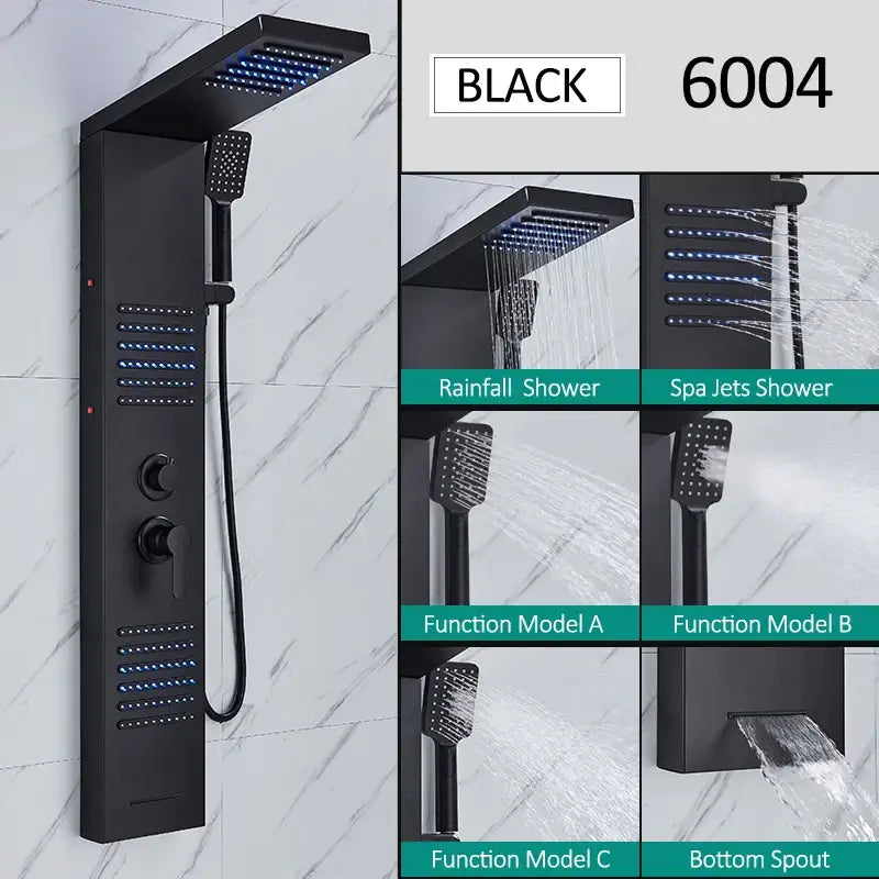 Modern matte black led shower panel with handheld sprayer featuring a black matte finish and multiple spray modes