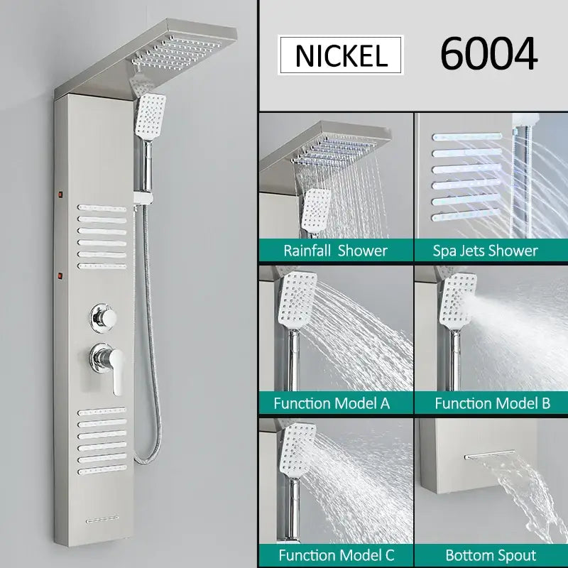 Modern matte black led shower panel with nickel finished 6004 stainless steel rainfall head handheld sprayer and adjustable jets