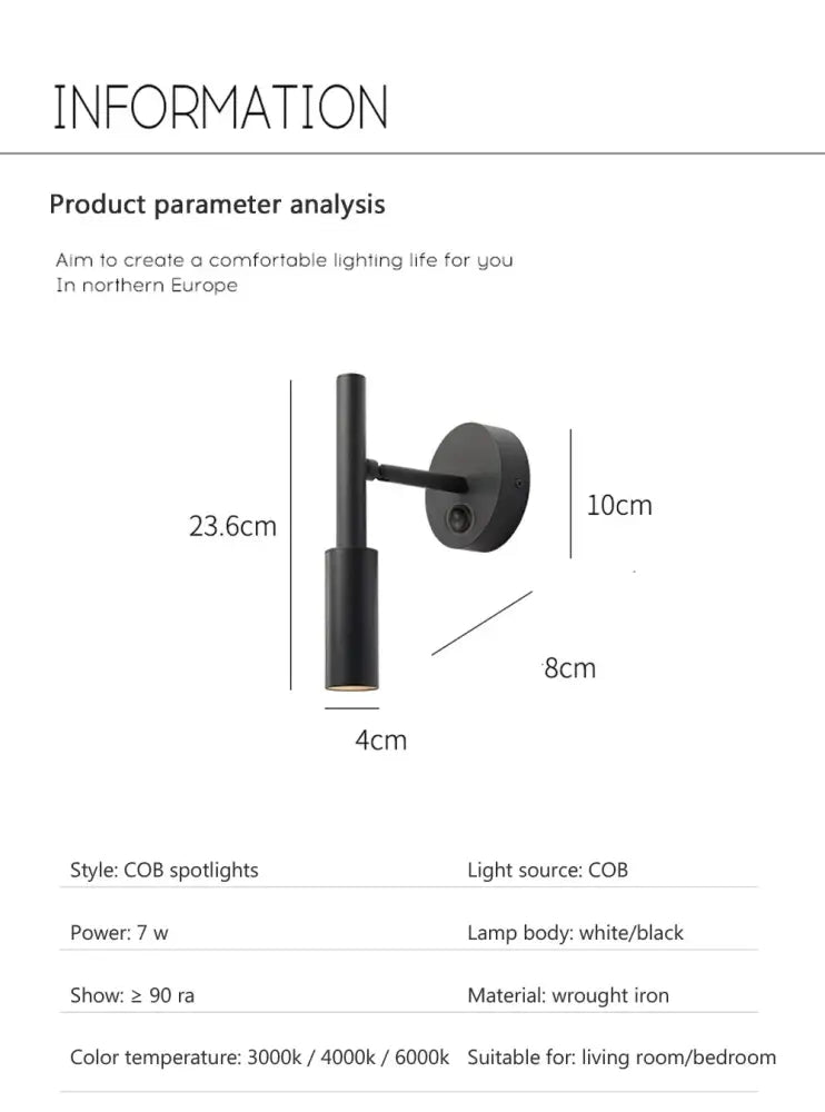 Modern matte black led wall lamp reading light with black wrought iron cob spotlight and adjustable arm for bedroom use