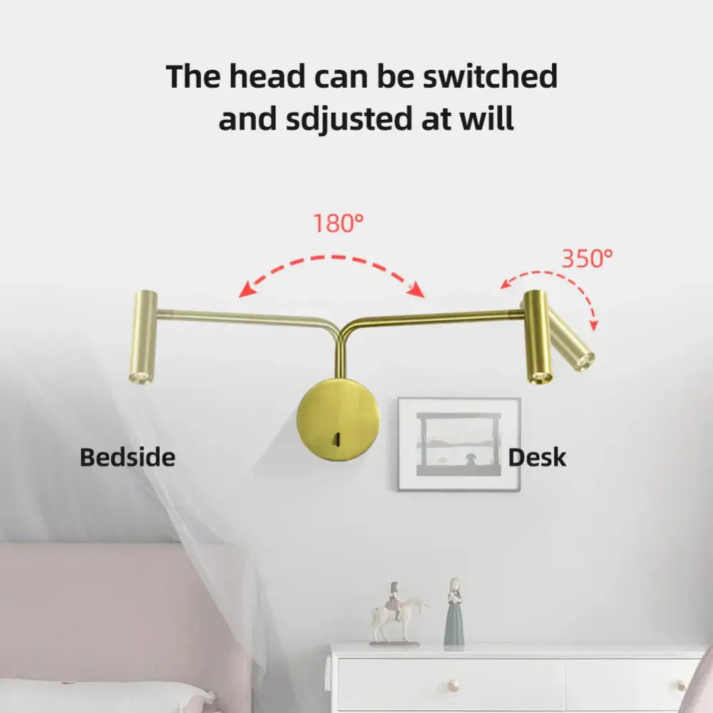 Gold-colored adjustable wall lights with two arms and heads designed for versatile reading in decorbites gold led style