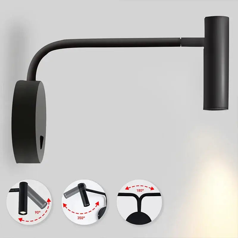 Modern matte black led wall light with adjustable articulated arm designed as a curved bedroom reading lamp