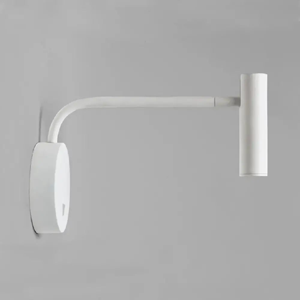 White minimalist wall-mounted led wall light with flexible gooseneck arm and cylindrical head for bedroom reading