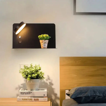 Black rectangular matte led wall lights with curved adjustable head and integrated usb port for bedroom decorbites wall lights