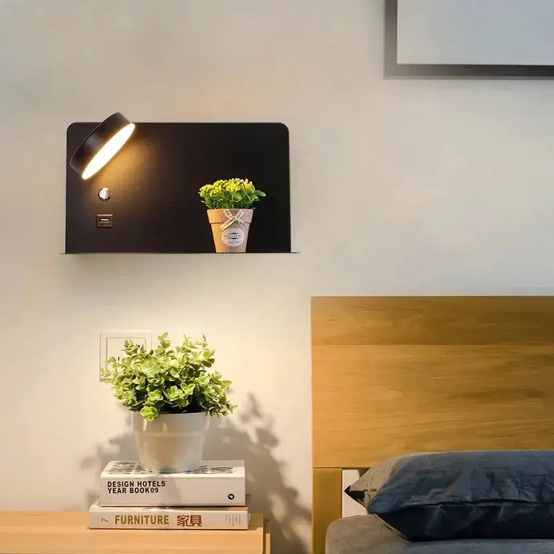 Black rectangular matte led wall lights with curved adjustable head and integrated usb port for bedroom decorbites wall lights