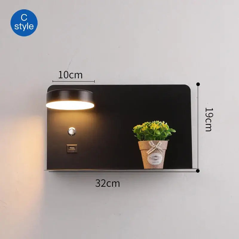 Modern matte black c-style led wall lights with usb port and shelf featuring a small potted plant for bedroom decorbites led wall