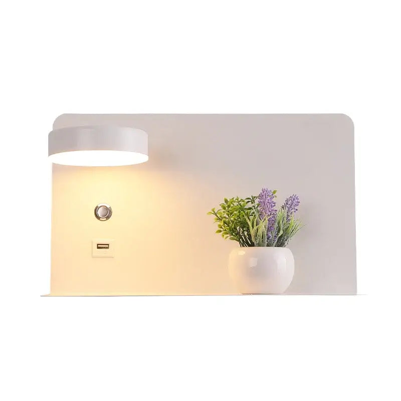 Modern matte black led wall lights with usb port featuring white wall-mounted shelf with circular led light and lavender decorbites led wall