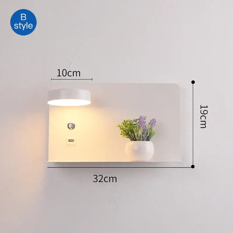 Modern matte black led wall lights with usb port featuring a white wall-mounted lamp with circular light fixture shelf