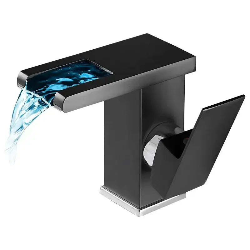 Modern matte black led waterfall basin faucet with black matte finish and clear blue water flow for bathroom decorbites led waterfall