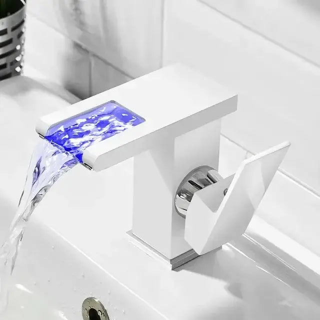 White modern basin faucet with blue illuminated decorbites led waterfall feature for bathroom mixer tap