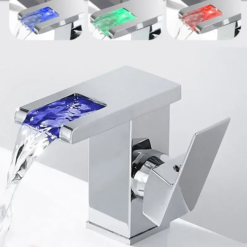 Modern matte black led waterfall basin faucet with chrome finish rectangular spout and blue decorbites led waterfall lighting