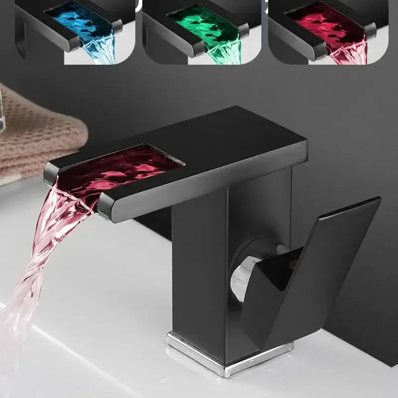 Modern matte black led waterfall basin faucet with rectangular spout and colorful decorbites led waterfall flow
