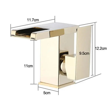 Modern gold-toned rectangular basin faucet with sleek minimalist design and integrated handle for bathroom decorbites led waterfall use