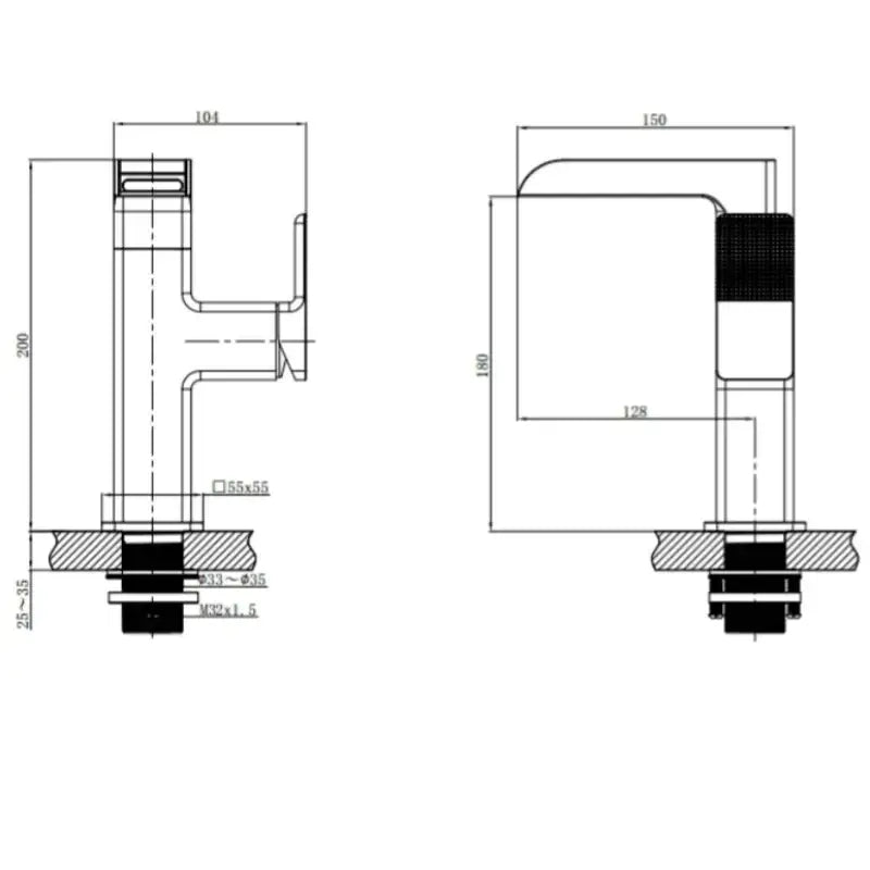 Technical drawing of a modern matte black led waterfall basin faucet with temperature display and precise dimensions
