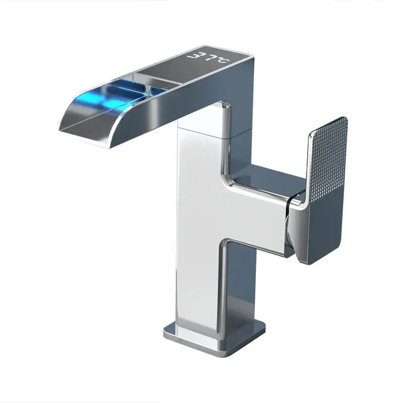 Modern matte black led waterfall basin faucet with chrome waterfall spout emitting blue light and textured handle decorbites led waterfall
