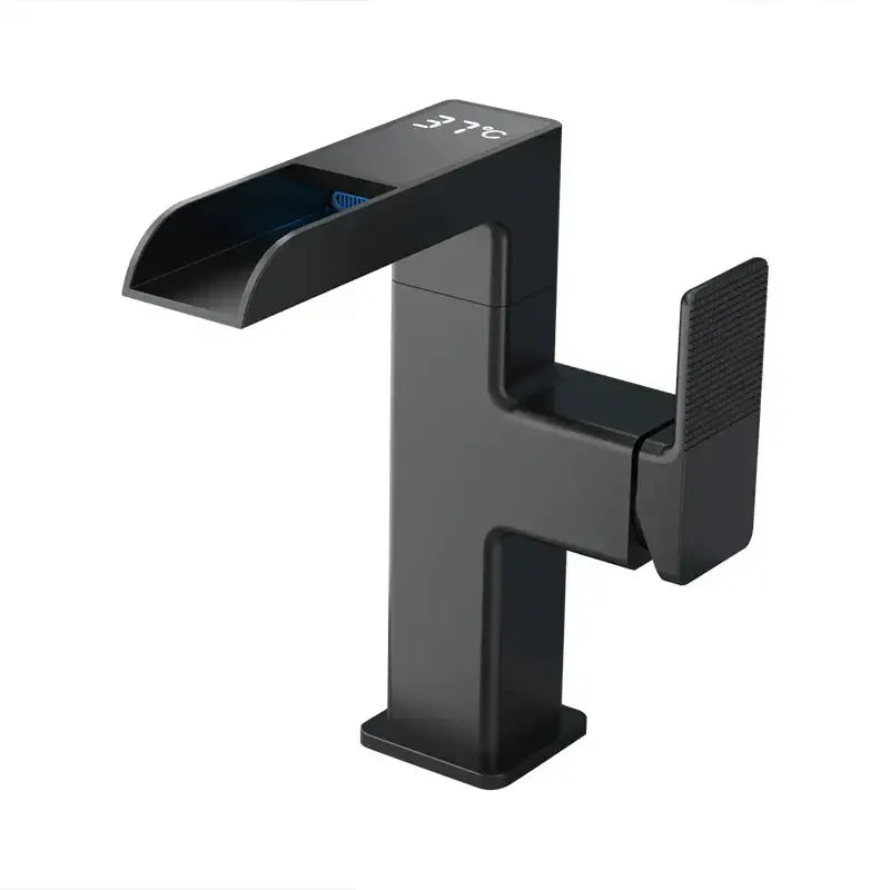 Modern matte black basin faucet with led waterfall design and textured handle for bathroom decorbites led waterfall use