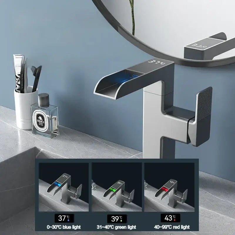 Modern matte black led waterfall basin faucet with chrome finish digital temperature display and color-coded lighting