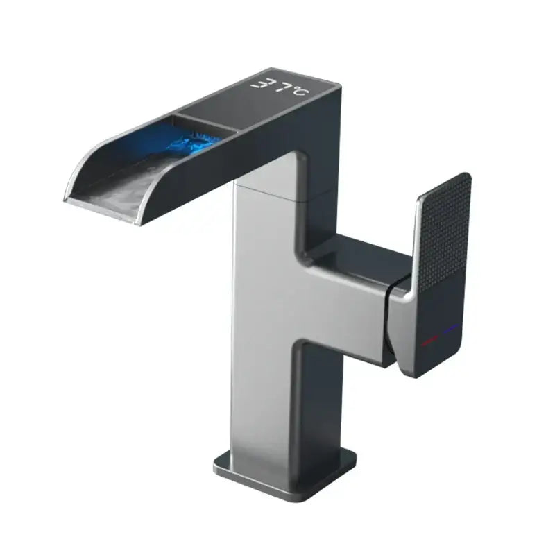 Modern matte black led waterfall basin faucet with brushed stainless steel and digital temperature display 37°c decorbites led waterfall