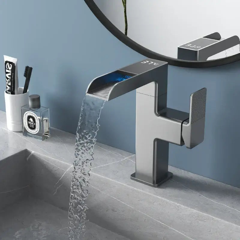 Modern matte black led waterfall basin faucet with digital temperature display for bathroom decorbites led waterfall design