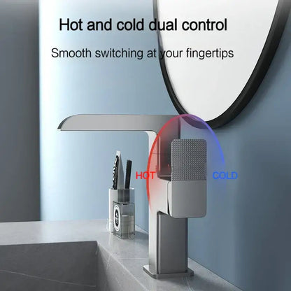 Modern chrome-finished basin faucet with dual control and decorbites led waterfall temperature display for bathrooms