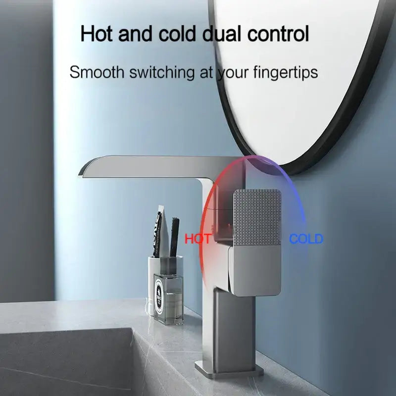 Modern chrome-finished basin faucet with dual control and decorbites led waterfall temperature display for bathrooms