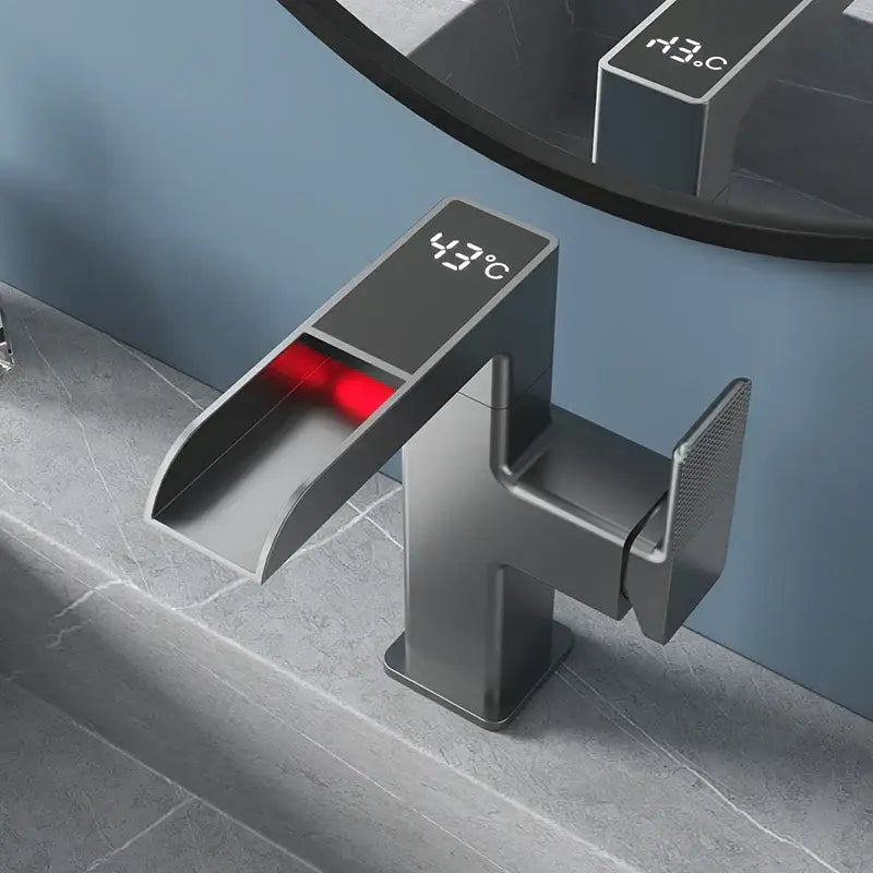 Modern matte black led waterfall basin faucet with digital temperature display 43°c and red led lighting decorbites led waterfall