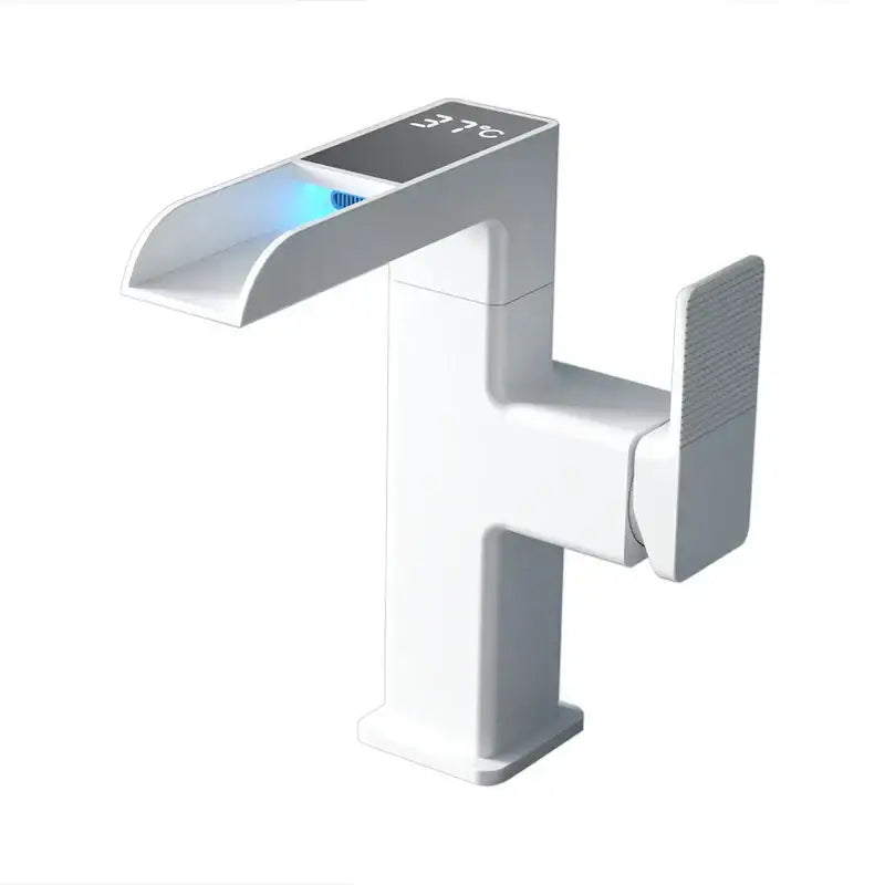 Modern white smart basin faucet with decorbites led waterfall and digital temperature display showing 37°c blue lighting