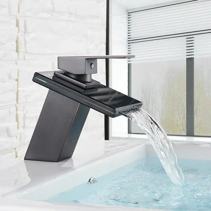Modern matte black led waterfall bathroom sink faucet with sleek geometric design and brushed metal accents decorbites led waterfall