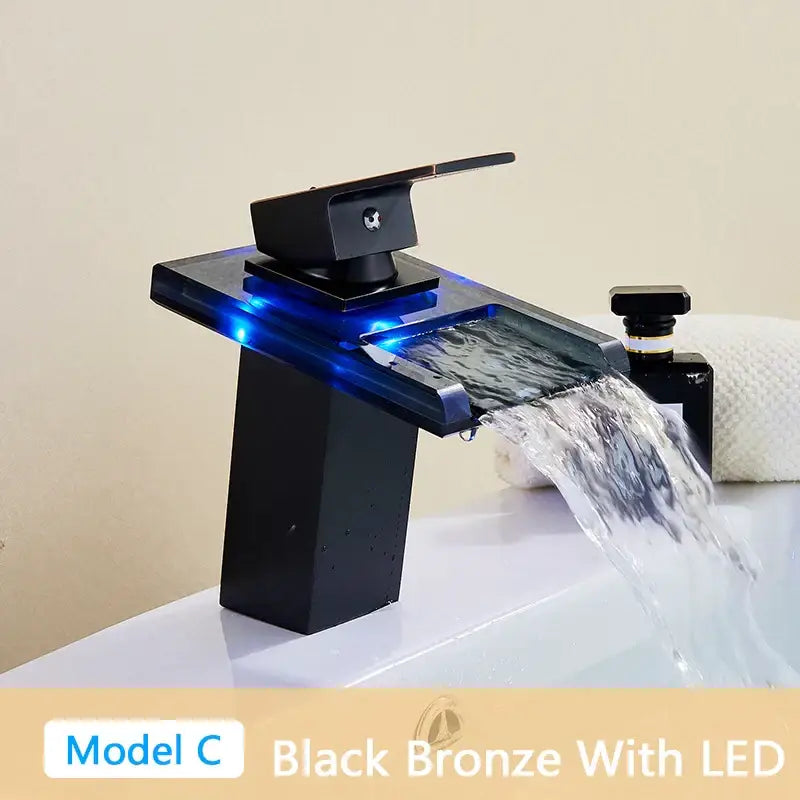 Modern matte black led waterfall bathroom sink faucet in black bronze with integrated blue led lighting decorbites led waterfall