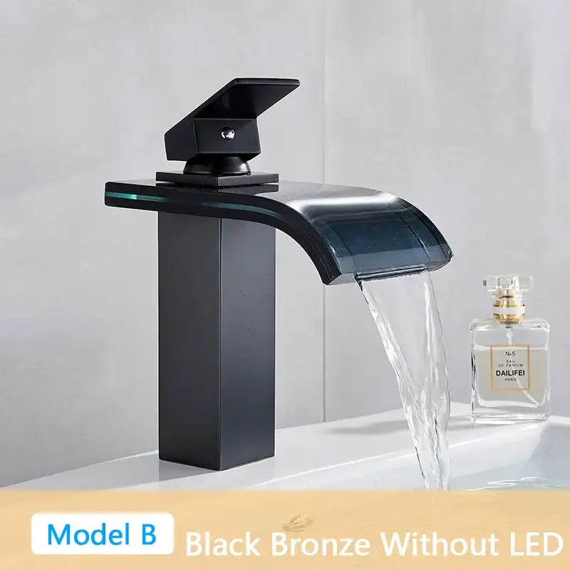 Modern matte black led waterfall bathroom sink faucet with black bronze finish and sleek curved spout decorbites led waterfall