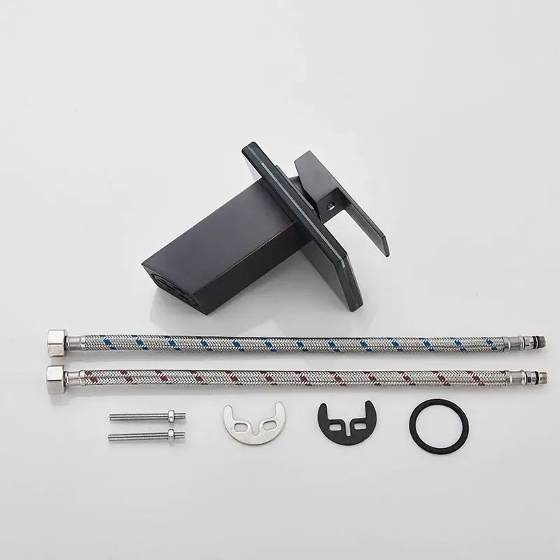 Modern matte black led waterfall bathroom sink faucet with black matte mounting bracket and braided metal hoses decorbites led waterfall
