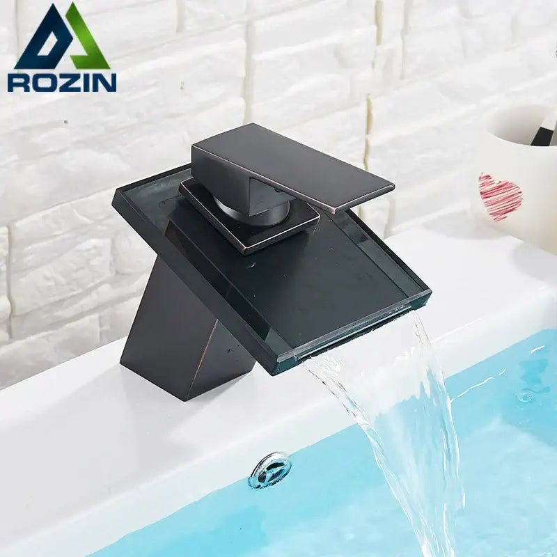 Modern matte black led waterfall bathroom sink faucet with geometric design and rectangular spout by decorbites led waterfall