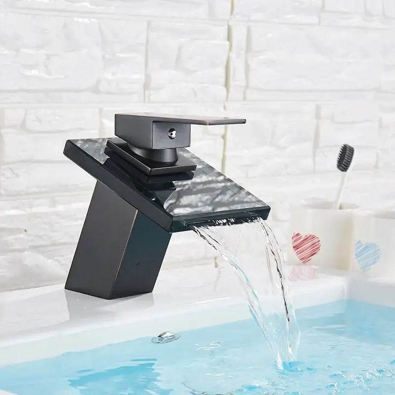 Modern matte black led waterfall bathroom sink faucet with a geometric design for waterfall bathroom decorbites led waterfall