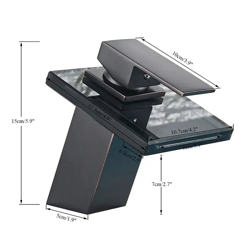 Modern matte black led waterfall bathroom sink faucet with black matte finish sleek angular design and reflective glass accents