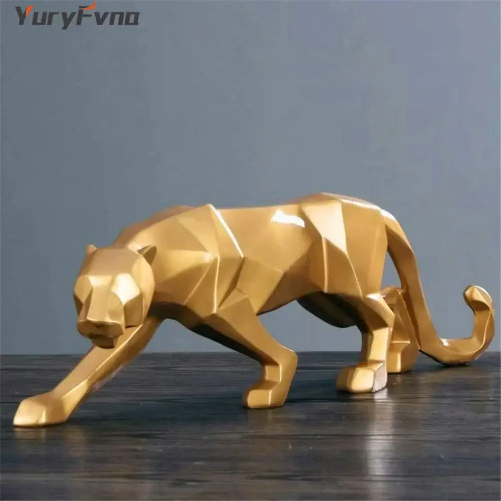 Golden geometric panther figurine with angular faceted design for decorbites leopard geometric resin statue living room decor