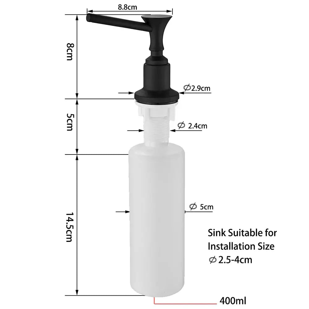 Modern matte black liquid soap dispenser with white plastic body and black metal pump for kitchen use