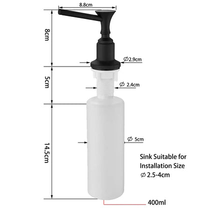 Modern matte black liquid soap dispenser with white plastic body and black metal pump for kitchen use