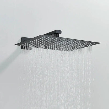 Modern matte black luxury rain shower head with multiple water jets and matching shower arm for bathroom use