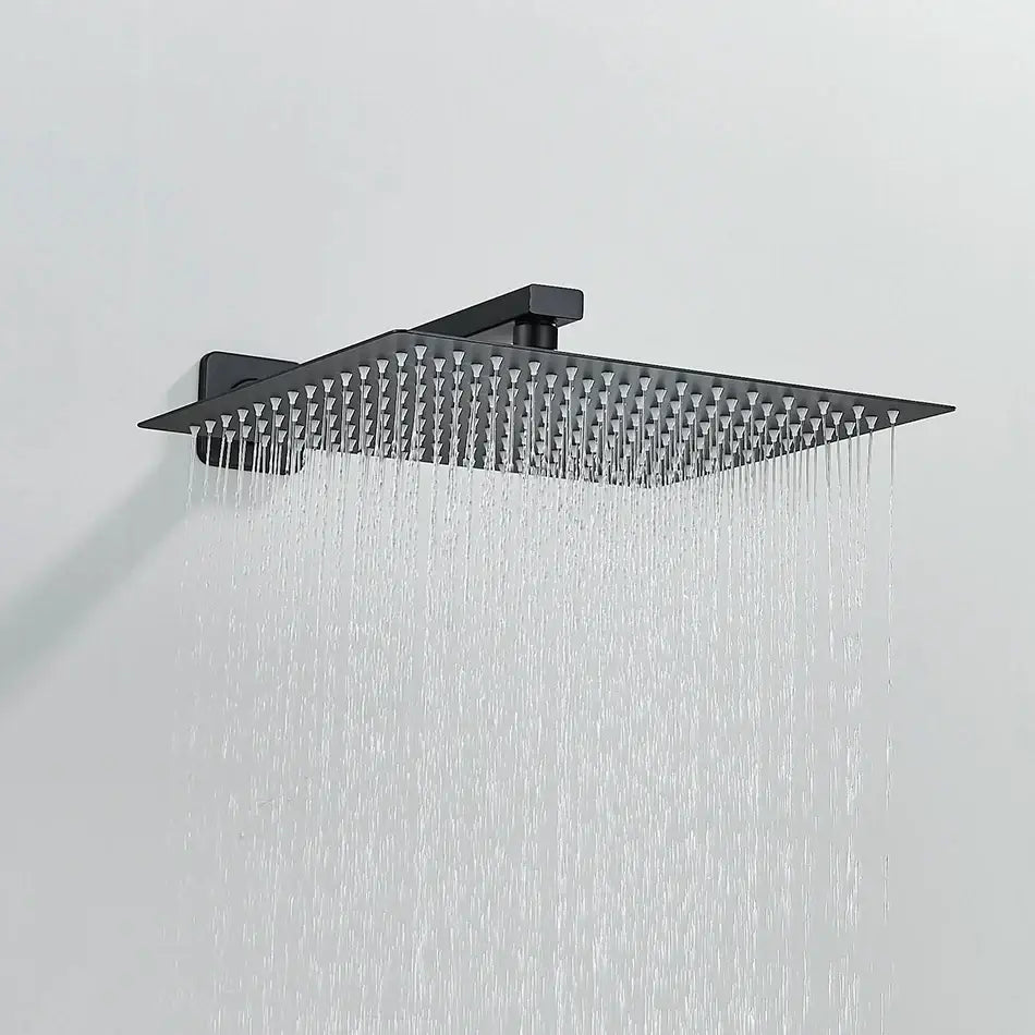 Modern matte black luxury rain shower head with multiple water jets and matching shower arm for bathroom use