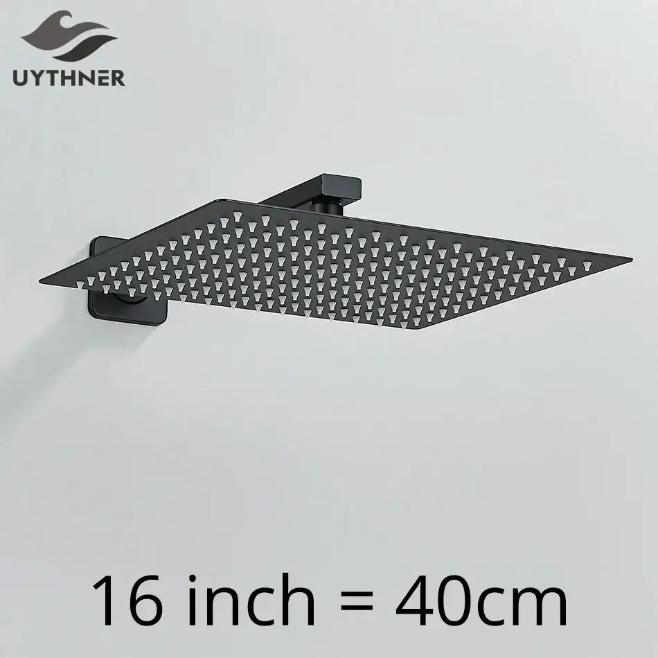 Modern matte black luxury rain shower head with square matte finish and triangular spray nozzles with wall shower arm