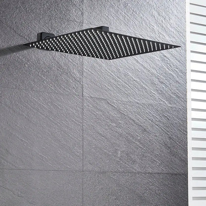 Modern matte black luxury rain shower head with square shape, matte finish, and shower arm for bathroom use