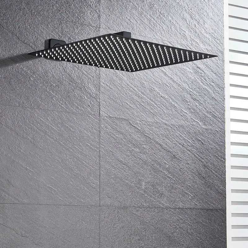 Modern matte black luxury rain shower head with square shape, matte finish, and shower arm for bathroom use