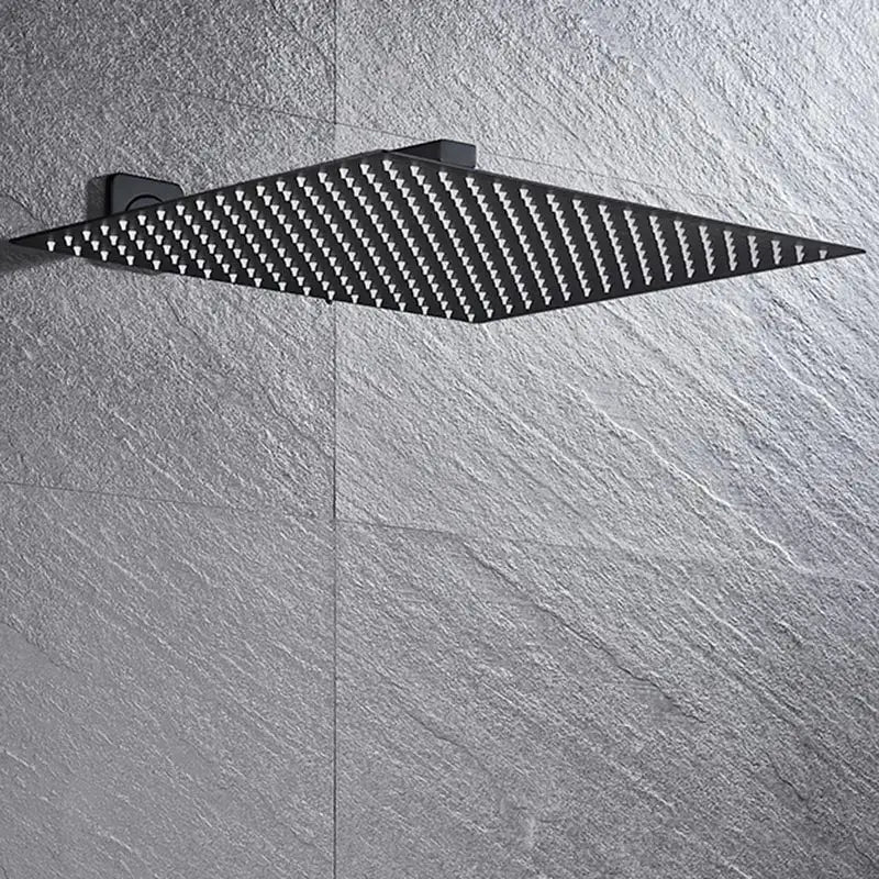 Modern matte black luxury rain shower head with diamond shape and wall shower arm featuring small nozzles