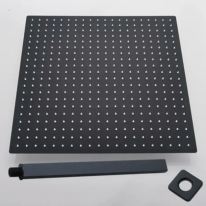 Modern matte black luxury rain shower head with square black matte finish and grid perforations with shower arm